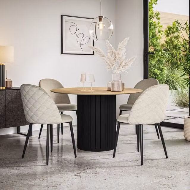 Arlo Modern Round Dining Table Set with 6 Velvet Chairs in Beige