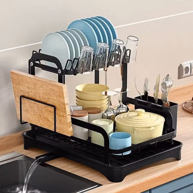 EONLION 2 Tier Black Metal Dish Drainer Rack with Cutlery Holder and Drip Tray – 1