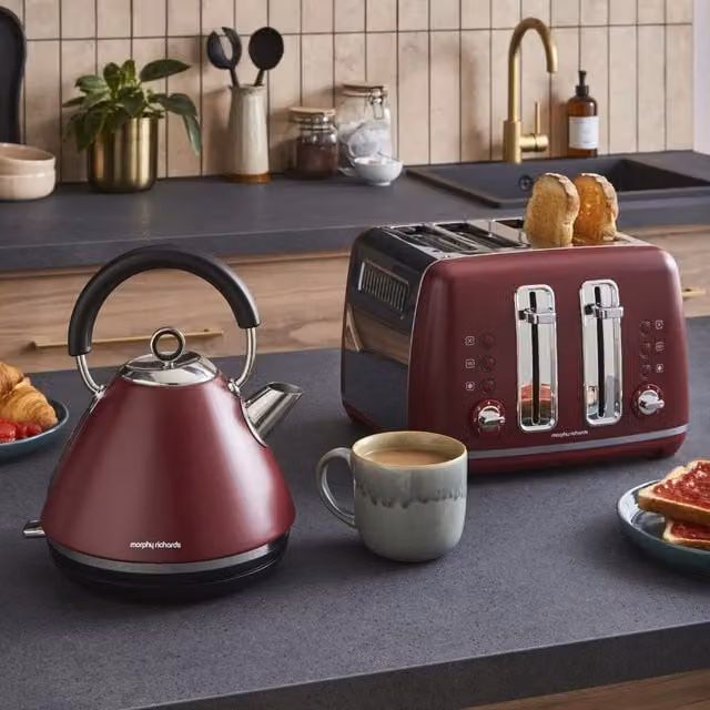 Morphy Richards Accents Pyramid Kettle and Toaster Set in Red with Limescale Filter