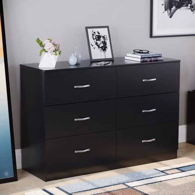 Vida Designs 6 Drawer Wide Chest of Drawers in Black with Silver Accents, W/D/H: 110 x 40 x 80 cm