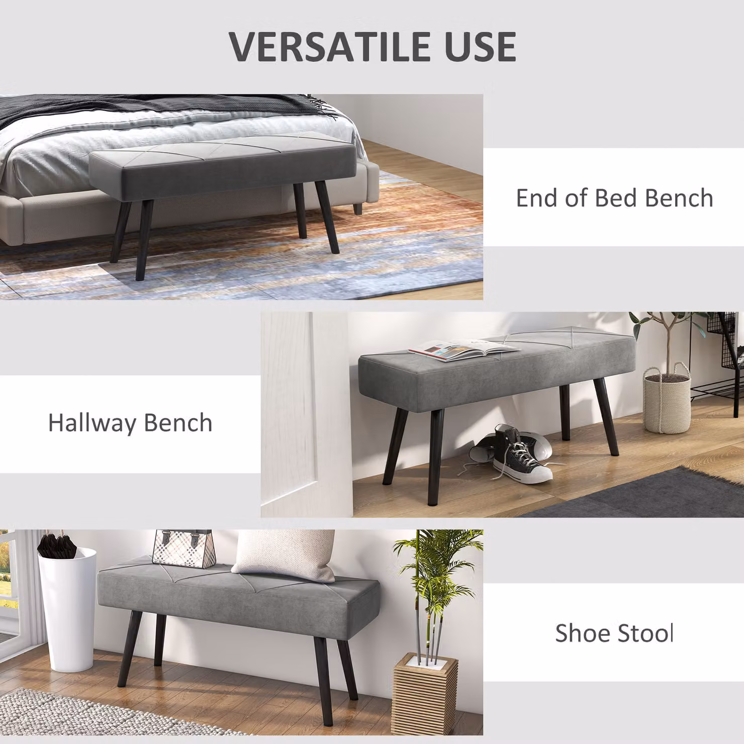 HOMCOM Grey Velvet Upholstered End of Bed Bench with X-Shape Metal Legs for Bedroom or Hallway – 6