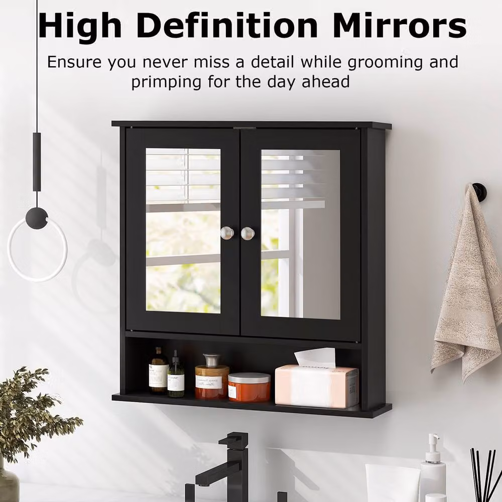 Costway Black Wooden Wall Mounted Bathroom Medicine Cabinet with Mirror and Two Hinged Doors – 3