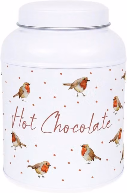 Purely Home English Robins Decaf Hot Chocolate Storage Tin with Small Dome Lid, White Metal