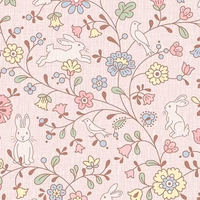 Grandeco Liberty Floral Bunny Trail Nursery Textured Wallpaper in Pink, Green, Purple and Beige