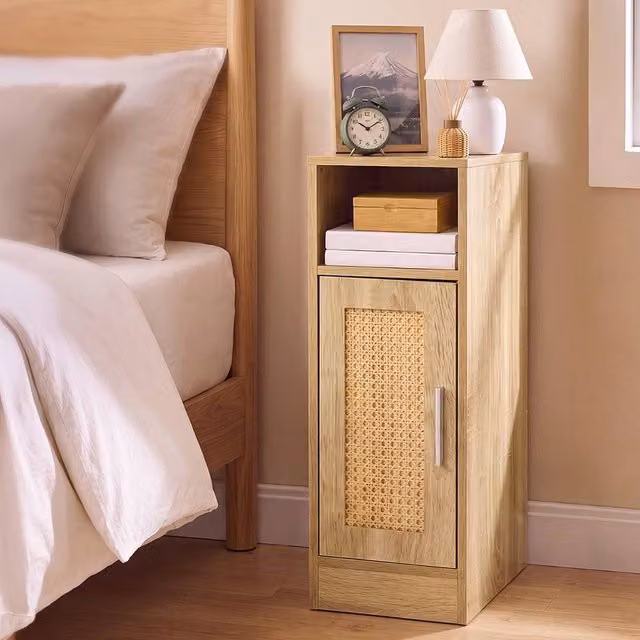 Levede Set of 2 Slim Bedside Tables with Rattan Doors and Wood Storage in Brown