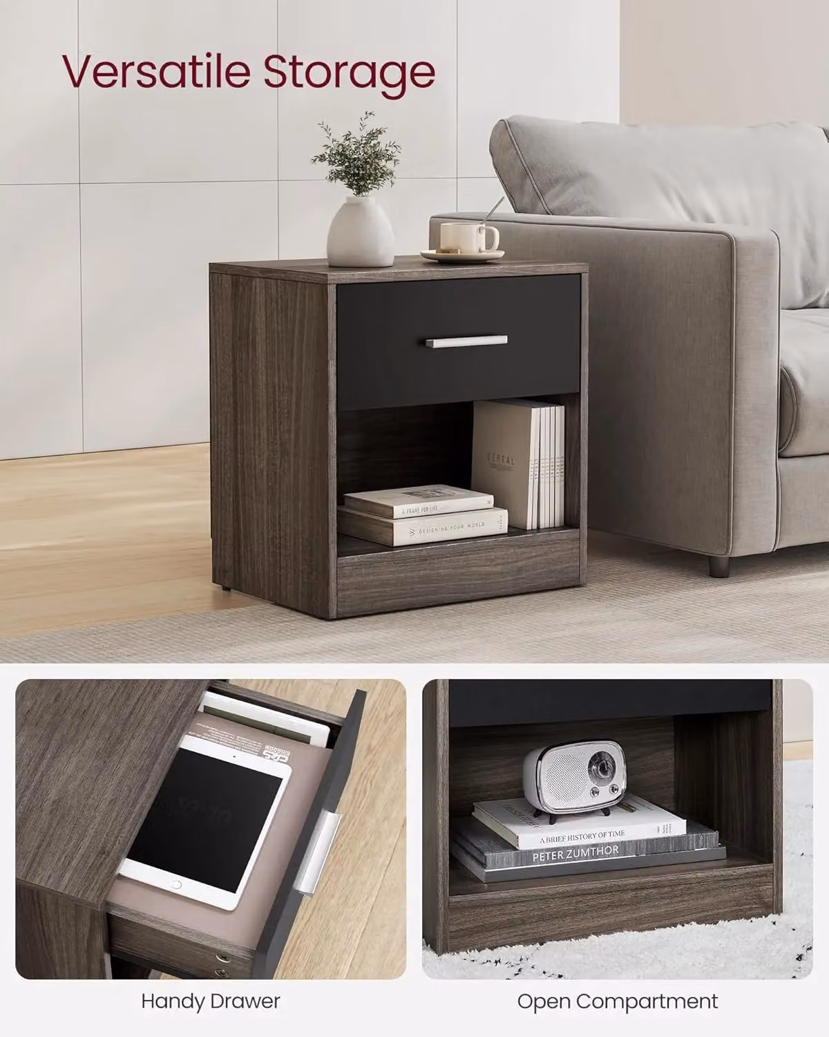VASAGLE Bedside Table with Drawer and Open Compartment in Dark Brown – 3