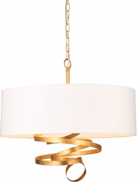 Loops Gold Leaf Ribbon Ceiling Pendant Light with Ivory Shade and 3 Bulb Hanging Lamp Fitting