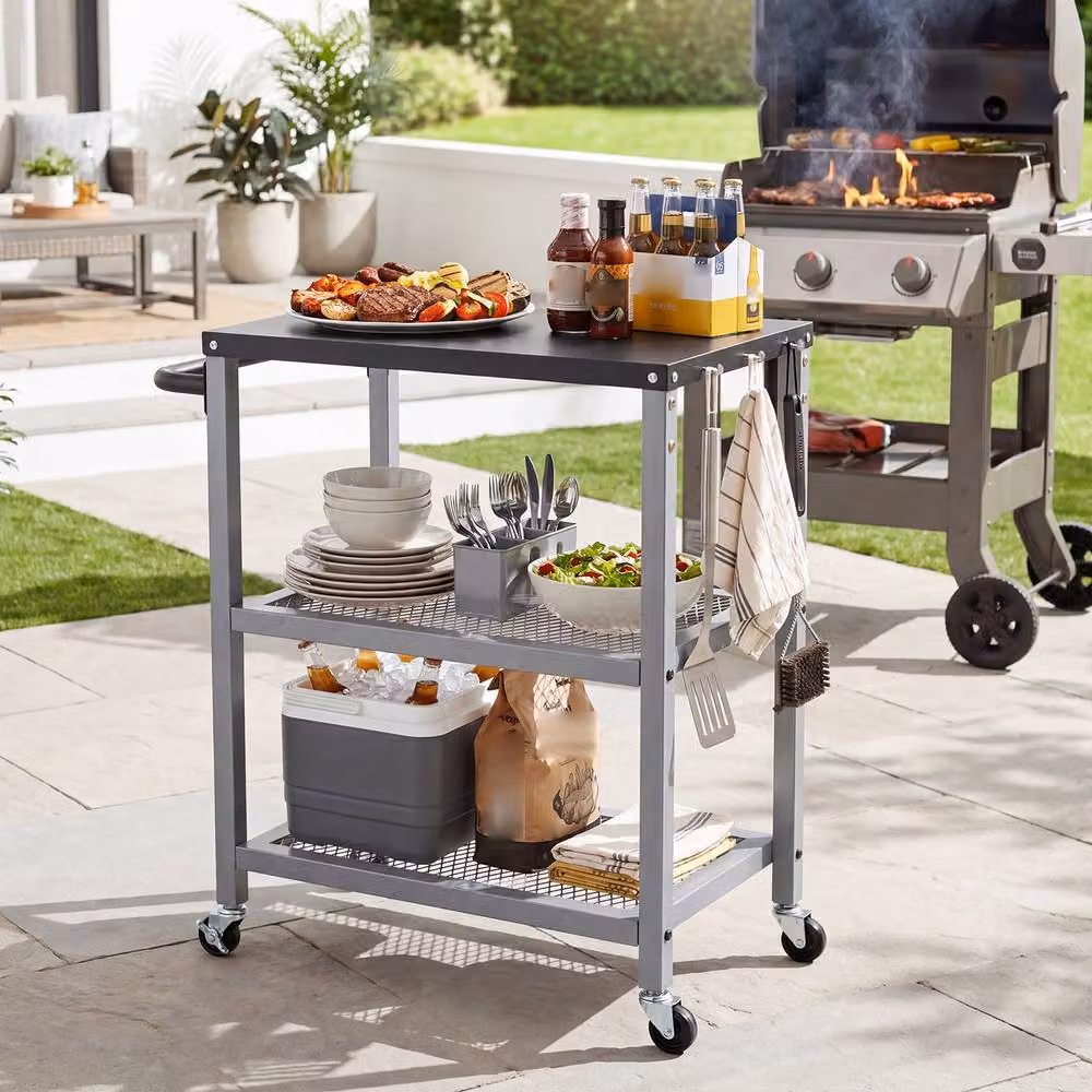 Costway 3-Tier Rolling Metal Kitchen and Garden Utility Cart with 6 Hanging Posts in Silver – 3