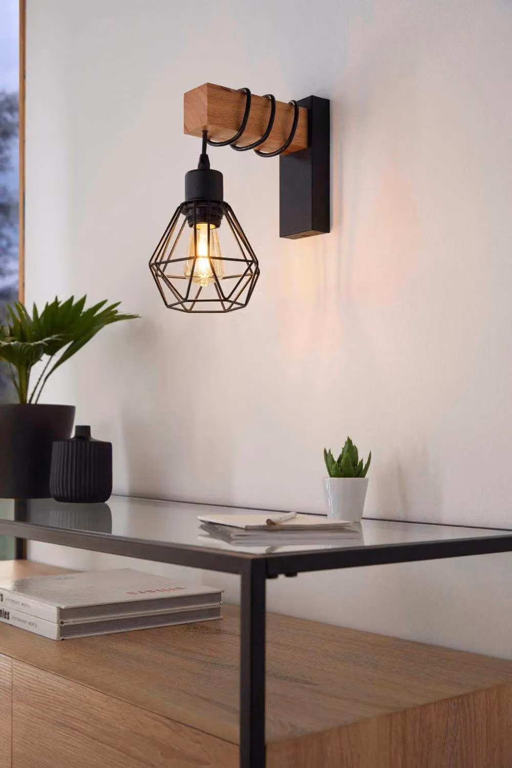 Eglo Townshend Industrial Wall Light in Brown and Black Wood and Metal – 2