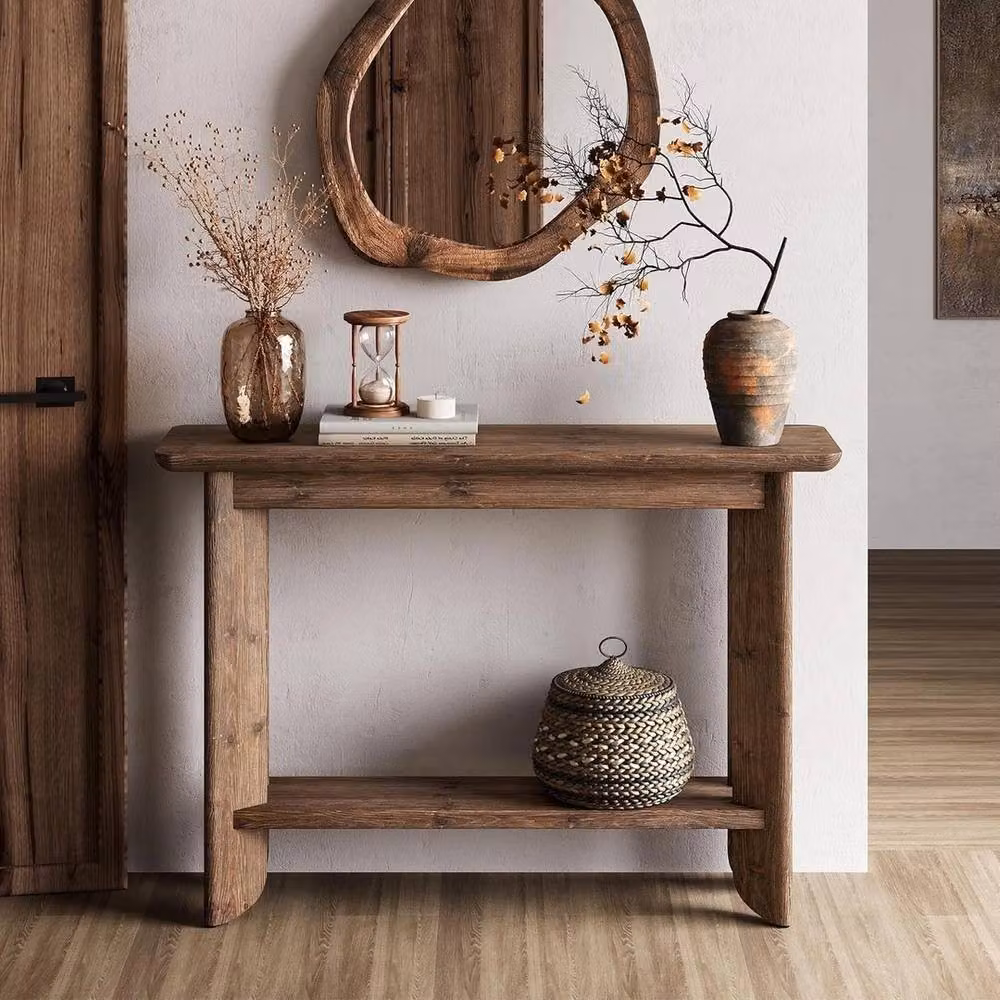 VOGREX Rustic Solid Wood Console Table with 2-Tier Storage Shelves in Brown, W/D/H: 105 x 30 x 79.99 cm – 4