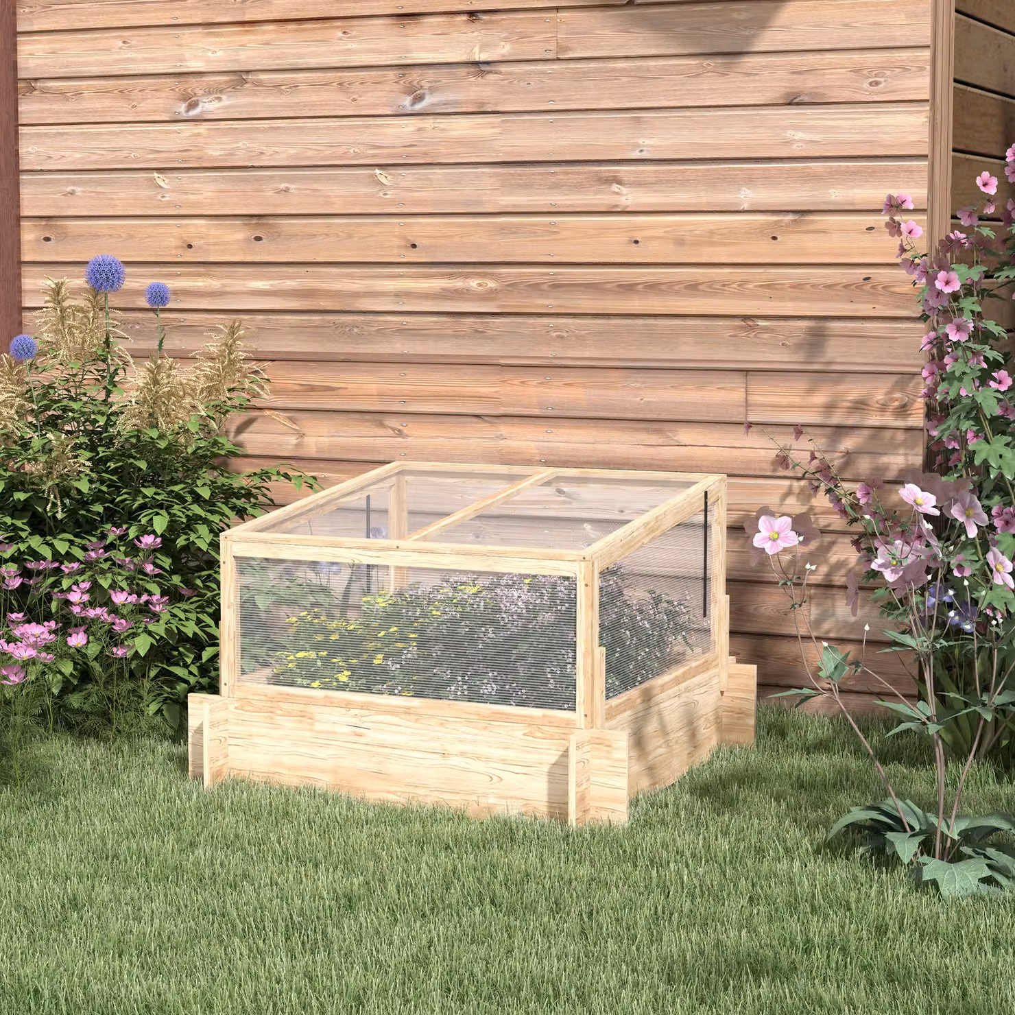 Outsunny Brown Wooden Raised Garden Bed with Greenhouse and Hinged Polycarbonate Lid, W: 98 cm, D: 98 cm, H: 63.5 cm – 2