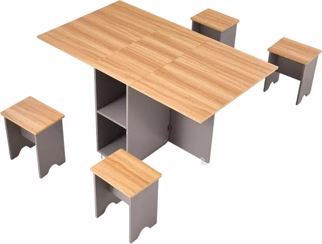 Livingandhome Space Saving Drop Leaf Dining Table and Four Stools Set in Brown and Grey