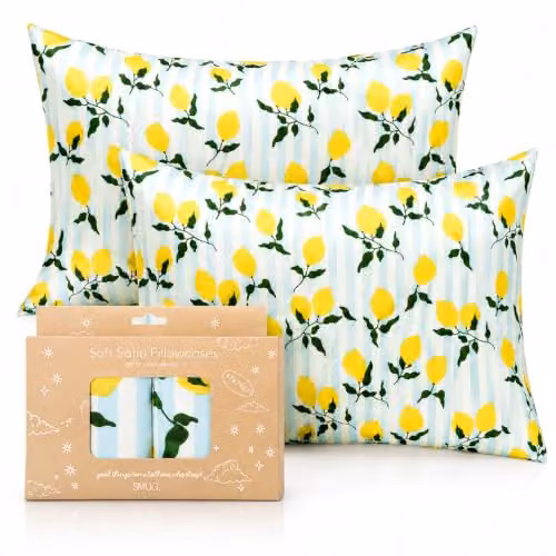 SMUG 2 Pack Mako Satin Pillowcases in Yellow Lemon Stripe with Envelope Closure