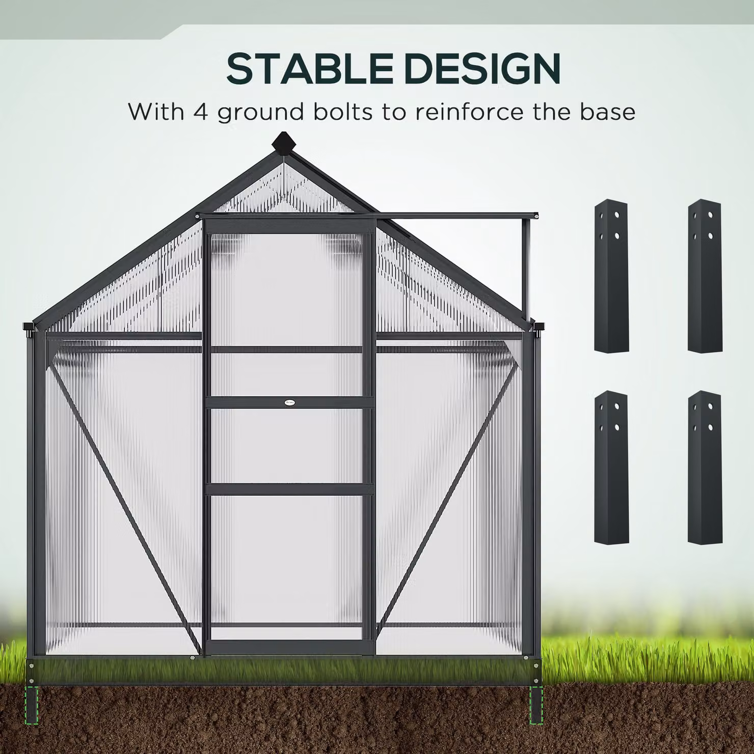 Outsunny Polycarbonate Greenhouse with Aluminium Frame and Galvanised Steel Base, Grey, W/D/H: 183 x 122 x 201 cm – 4