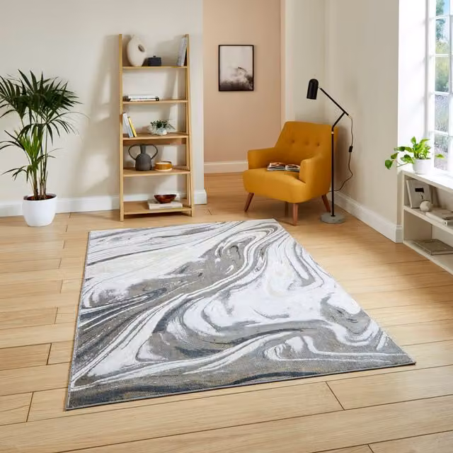 Terrys Modern Abstract Silver Rectangular Polyester Rug with Stain Resistant Finish