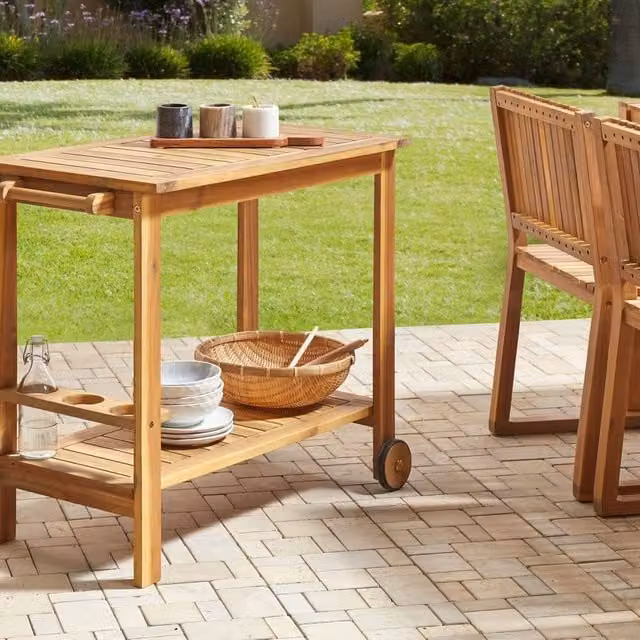 Wyld and Coco Garden Serving Cart, 2-Tier Brown Acacia Wood Wheeled Trolley, W: 90 cm, D: 47 cm, H: 74 cm