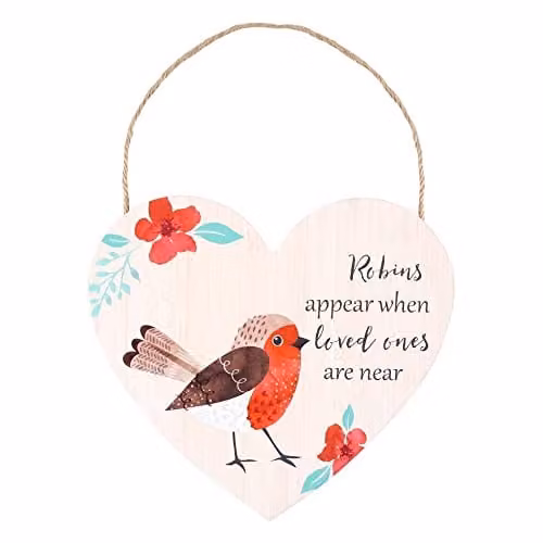 KDMD Loved Ones Winter Robin Hanging Heart Sign in Pink, W: 13.5 cm, H: 15 cm