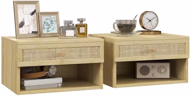 Nordara Set of 2 Rattan Floating Nightstands in Beige, W/D/H: 100 x 15 x 15 cm