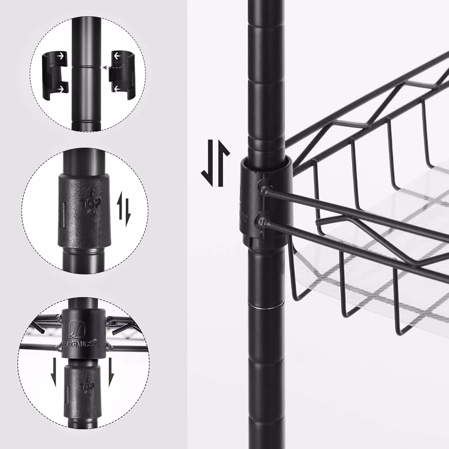 SONGMICS Metal Wire Kitchen Storage Shelf with Adjustable Shelves and Hooks, Black – 2
