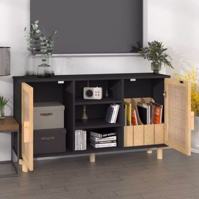 Berkfield Home Black Sideboard in Solid Pine and Natural Rattan, W/D/H: 105 x 30 x 60 cm