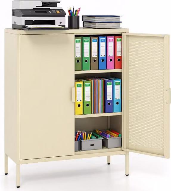 COSTWAY Modern Freestanding Kitchen Storage Cabinet with Glass Doors and Internal Shelves in Yellow