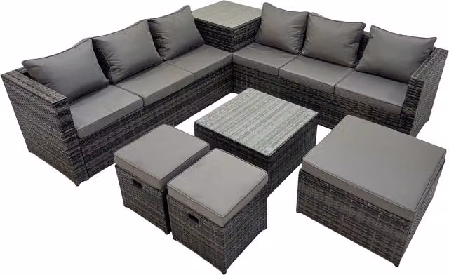 Fimous 9 Seater L-Shape Rattan Garden Corner Sofa Set with Ottoman and Coffee Table in Dark Grey
