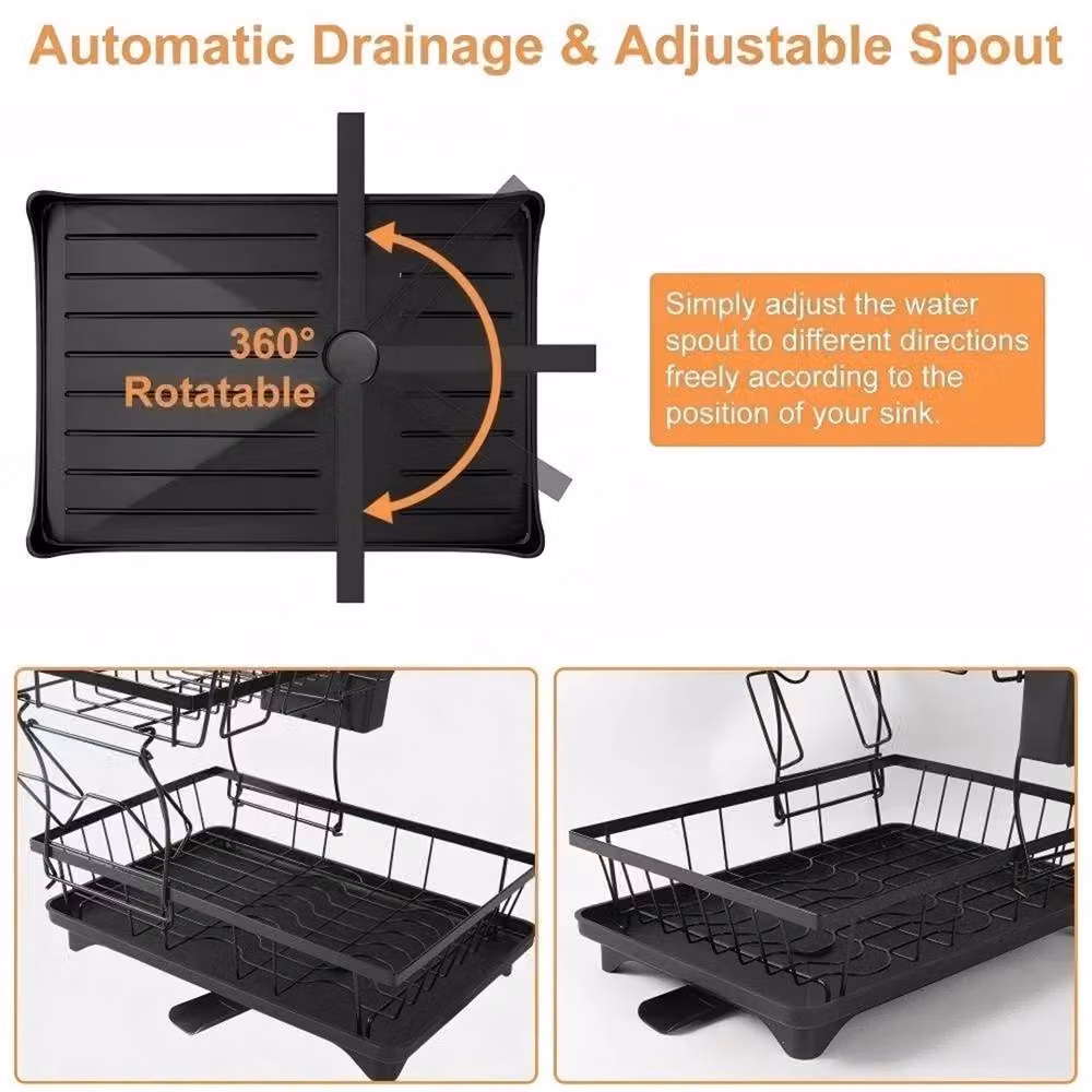 Havendro 2 Tier Expandable Dish Drainer Rack with Cutlery Holder and Drip Tray, Black, W: 100 cm, D: 15 cm, H: 33.02 cm – 3