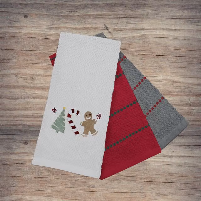 Noel Square Sweet Shop Super Absorbent Cotton Tea Towels, 3 Pack, White and Multicolour