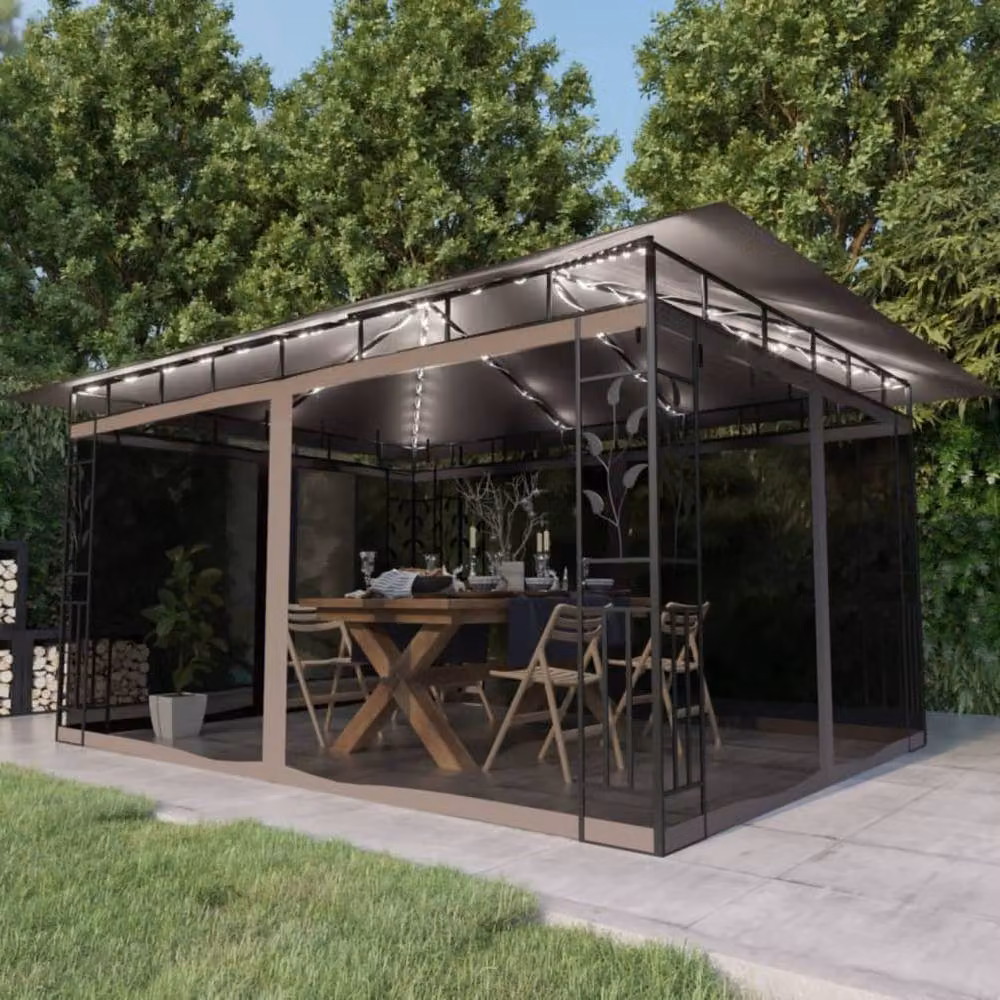 Berkfield Home Gazebo with Mosquito Net and LED String Lights, Beige, W: 400 cm, D: 300 cm, H: 273 cm – 2