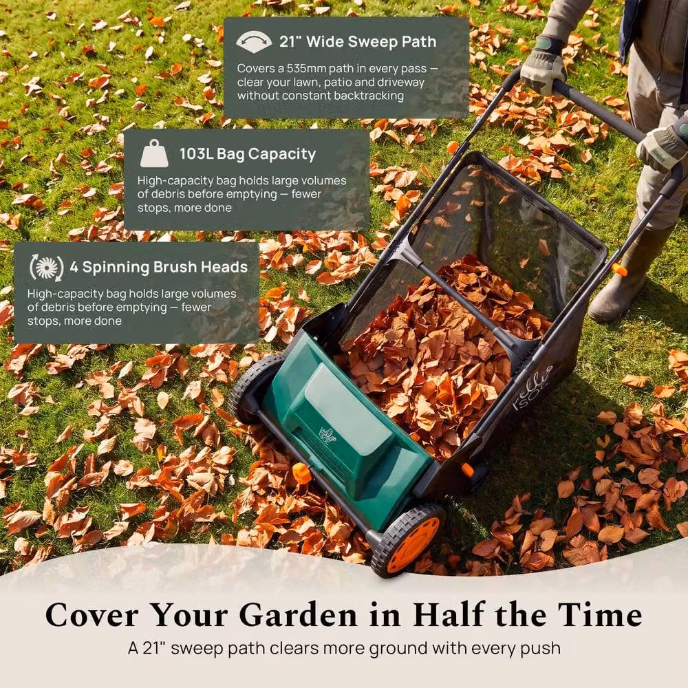 Pelle & Sol Manual Lawn Sweeper with Large Green Collection Bag – 3