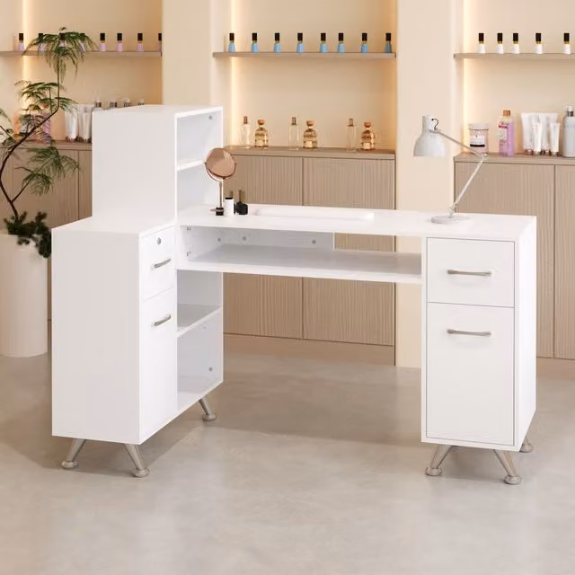 Livingandhome Professional L-Shaped Manicure Table with Wrist Cushion in White