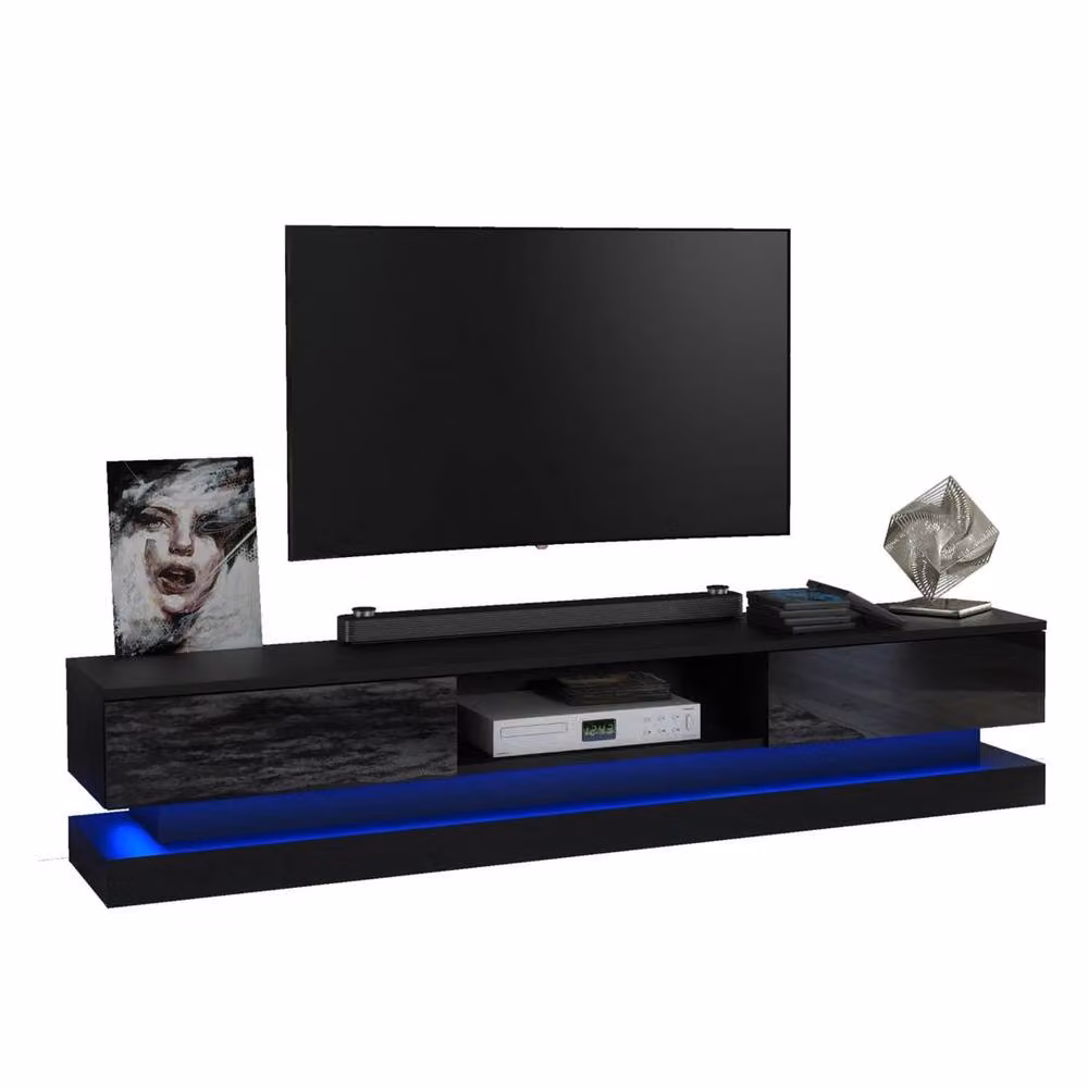 FORGEVIO Modern Black Glossy TV Unit and Sideboard Cabinet with Integrated Lighting – 4