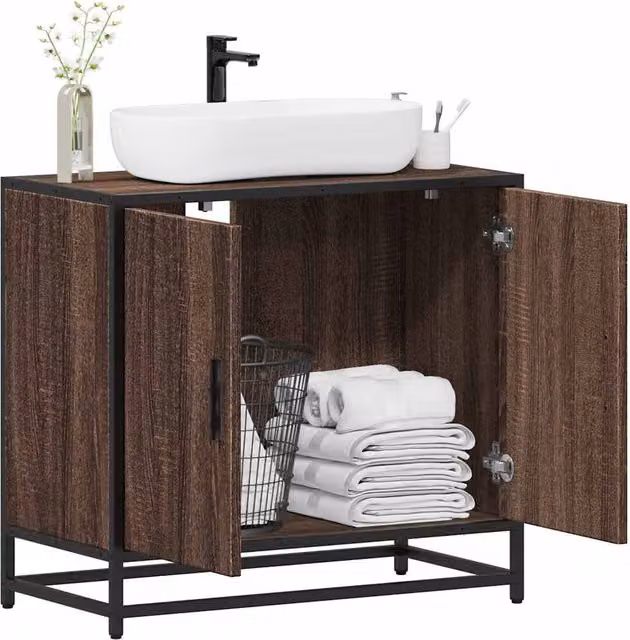 Berkfield Home Bathroom Sink Cabinet in Brown Oak, W: 65 cm, D: 33 cm, H: 60 cm