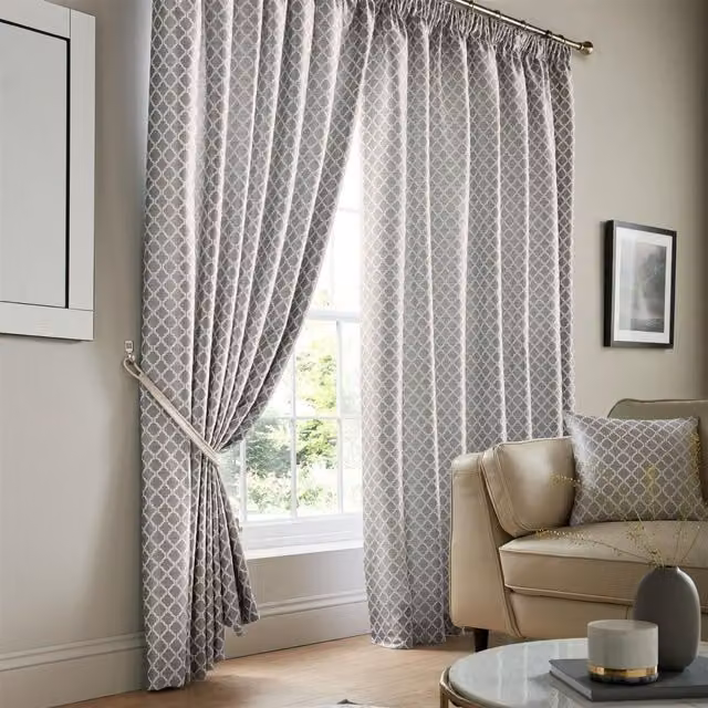 Luxury Living Modern Geometric Two-Tone Jacquard Pencil Pleat Taped Curtains in Silver, Width: 117 cm, Drop: 229 cm