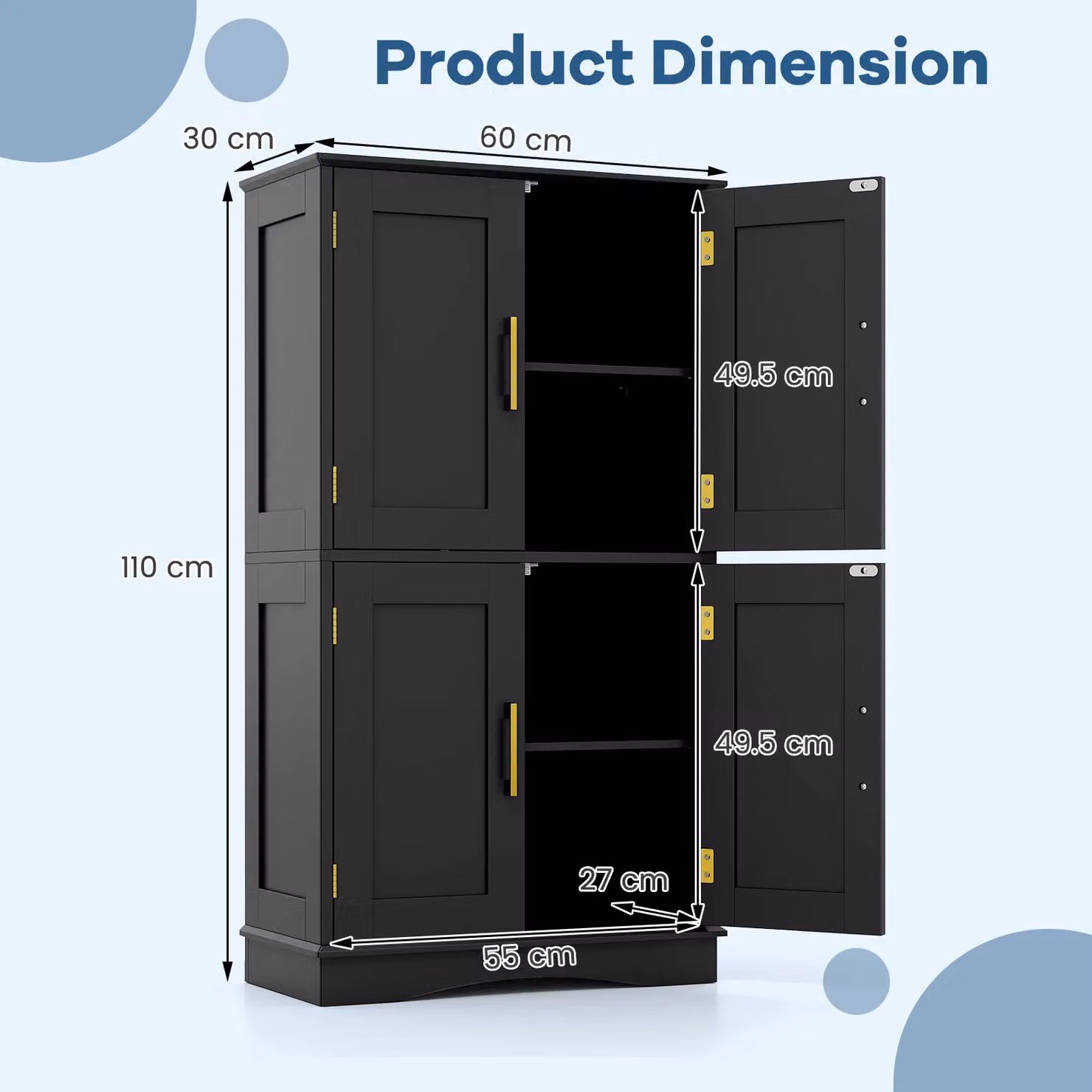 Costway Freestanding Bathroom and Kitchen Pantry Storage Cabinet in Black with Gold Details – 2