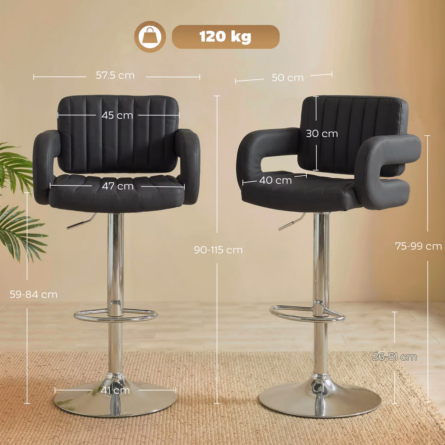 HOMCOM Set of 2 Adjustable Swivel Bar Stools with Armrests and Backrest in Black PU Leather – 3