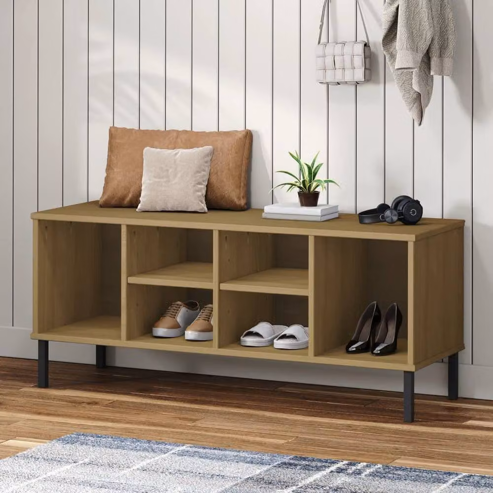 Berkfield Home OSLO Solid Wood Shoe Rack in Light Tan with Metal Legs, W/D/H: 106 x 35 x 45 cm – 2