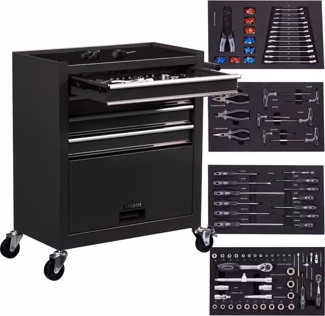 AREBOS Steel Workshop Trolley with 4 Drawers, Black