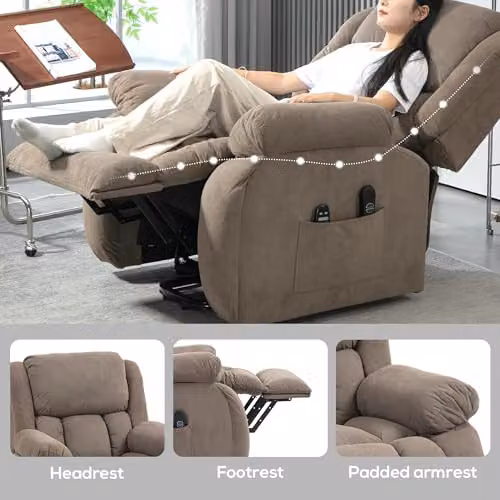 HOMCOM Brown Fabric Recliner Armchair with Powered Lift Assist, Vibration Massage and Heat – 8