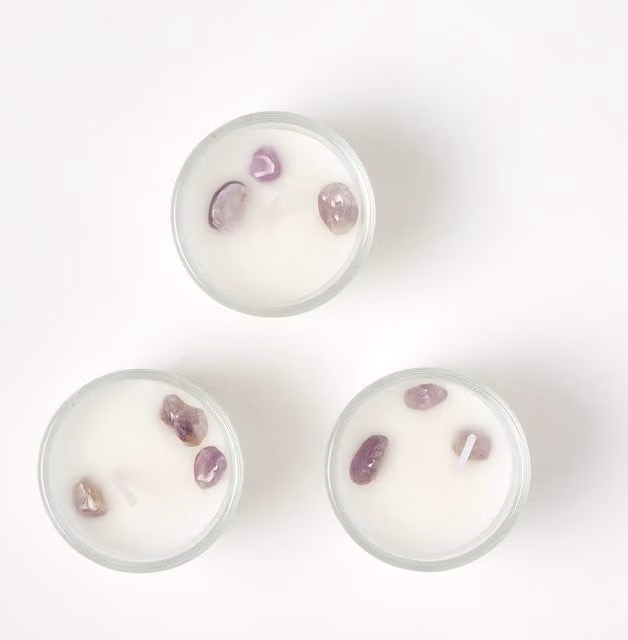 Homescapes Amethyst Lavender Crystal Scented Candle Set, Pack of 3, Purple and White Floral Tabletop Glass Candles