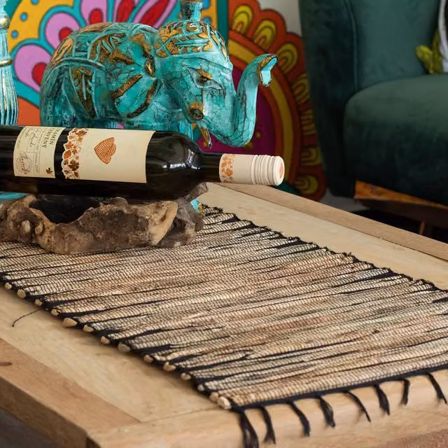 KDMD Black and Beige Striped Water Hyacinth Table Runner with Fringe, Length: 150 cm