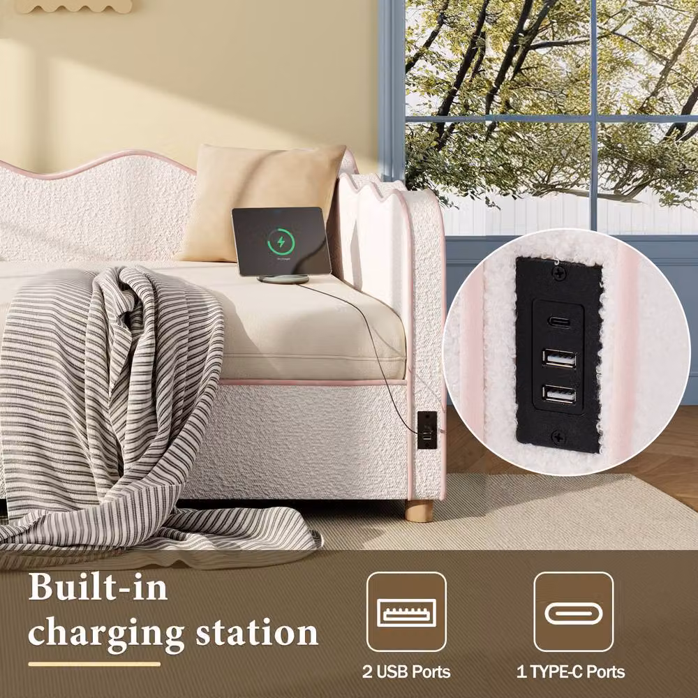 Rolipo Bouclé Upholstered Daybed in Beige with Hydraulic Lift-Up Storage and USB Charging Port, W/D/H: 140 x 200 cm – 2