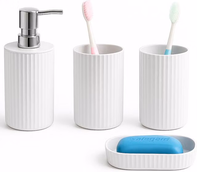 Innoteck White Ceramic Bathroom Accessory Set with Soap Dispenser, Soap Dish and Tumbler