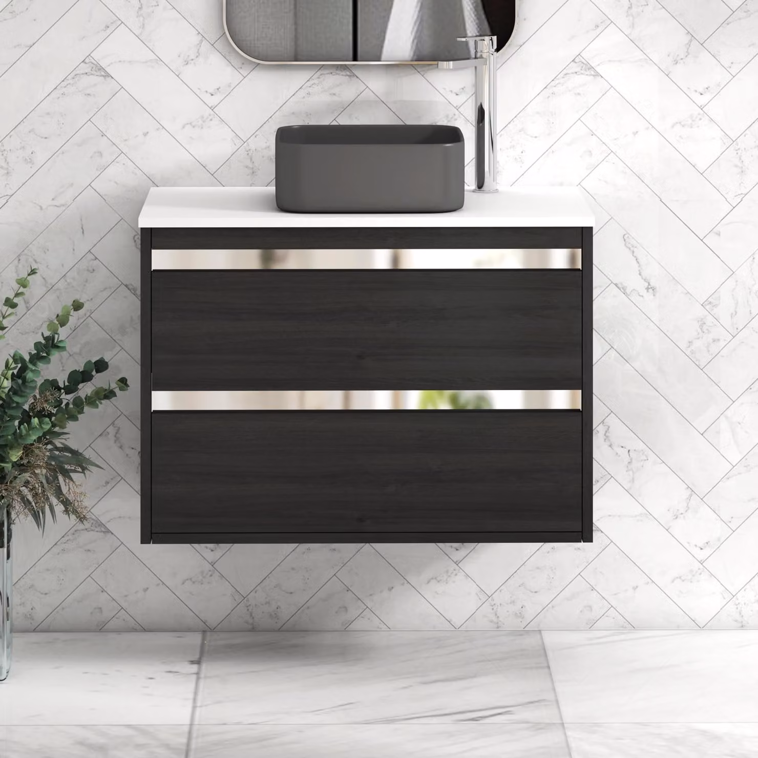 Royal Bathrooms Orion 800mm Hale Black Wall Hung Vanity Unit with Plain White Countertop, 2 Drawers, Art Square Basin and Chrome Accent Trim