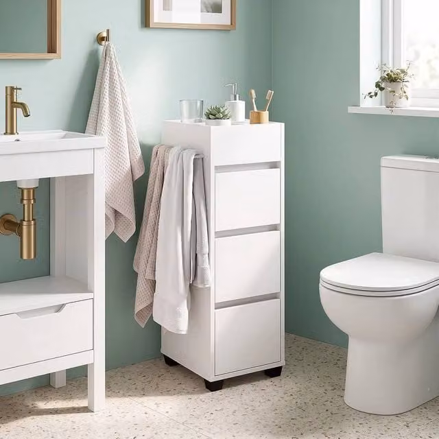 EONLION Narrow White Bathroom Cabinet with 3 Drawers, H 90.0 x W 30.0 x D 30.0 cm