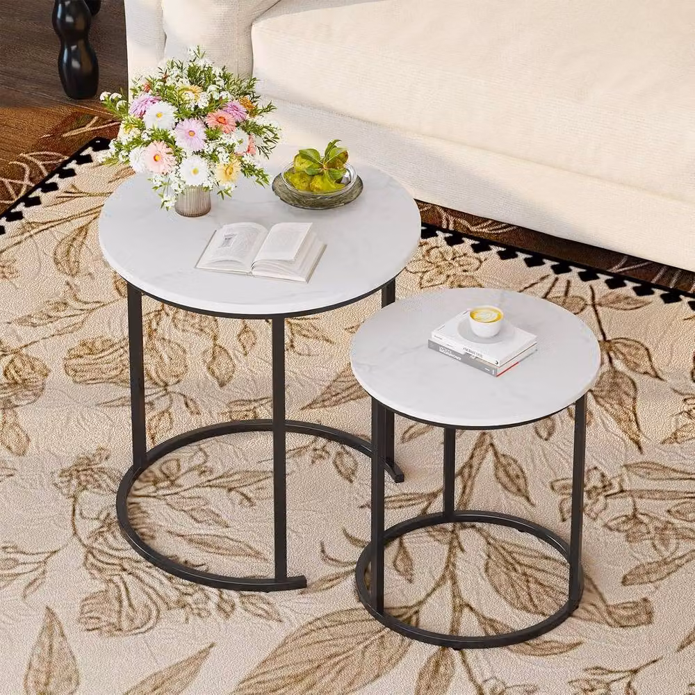 Huhote Nesting Coffee Table Set of 2 with White Marble Finish and Black Metal Frame – 2