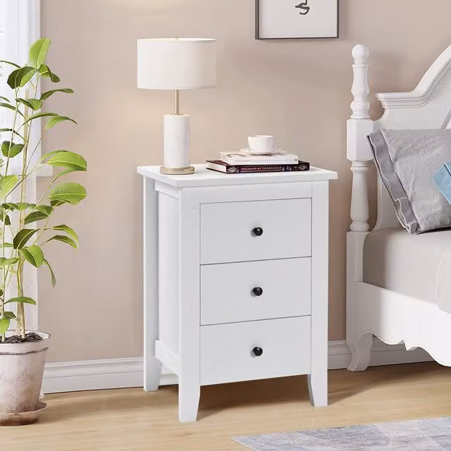 COSTWAY Modern White Bedside Table Nightstand with 3 Drawers