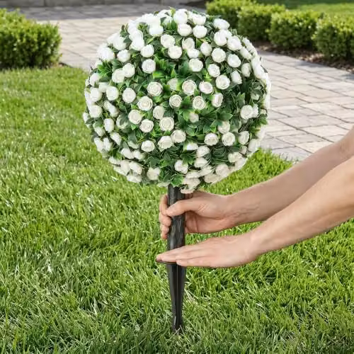 HOMCOM Set of 2 White Artificial Rose Topiary Trees, UV-Resistant, Height: 55 cm, Width: 30 cm, Depth: 30 cm – 7