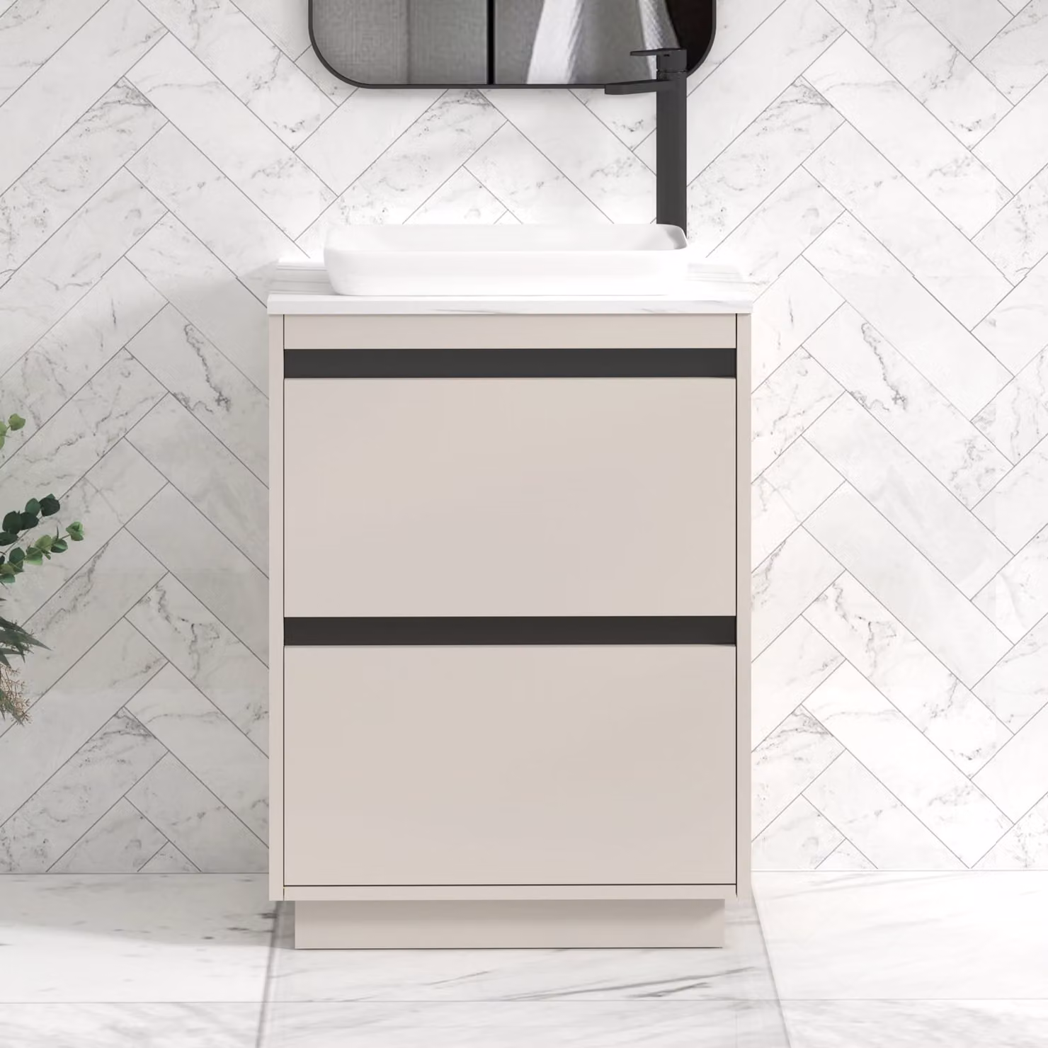 Royal Bathrooms Orion 800mm Warm Taupe Floor Standing Countertop Vanity Unit with 2 Drawers, Qubix Basin and Black Accent Trim
