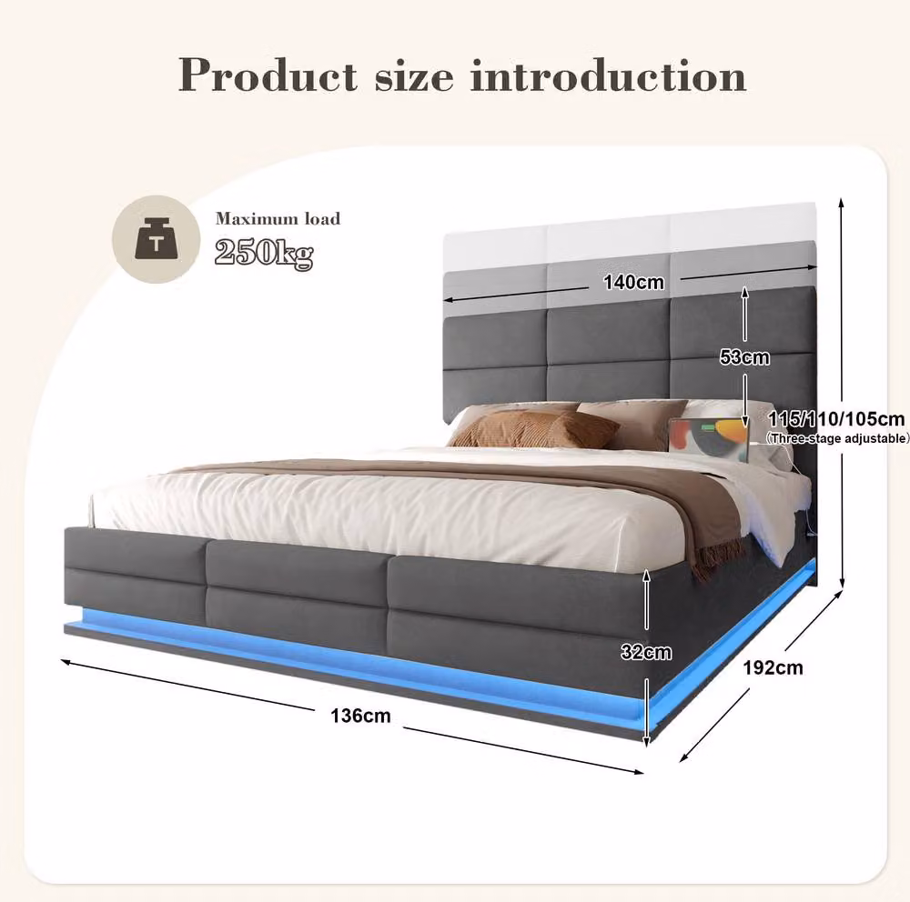 STILVORA Modern Grey Velvet Upholstered Double Bed Frame with Lift Up Storage, USB Charging Port and LED Under-Bed Lighting, W/D/H: 140 x 200 x 32 cm – 4